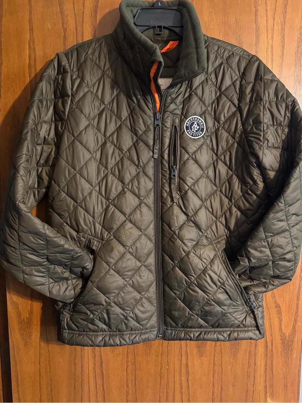 Abercrombie & Fitch Olive Quilted Puffer Jacket with Fleece Trim